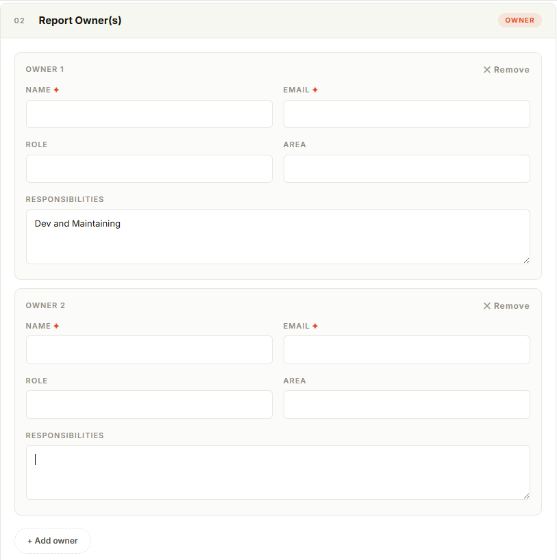 Report Owner(s) form supporting multiple owners with name, email, role, area, and responsibilities
