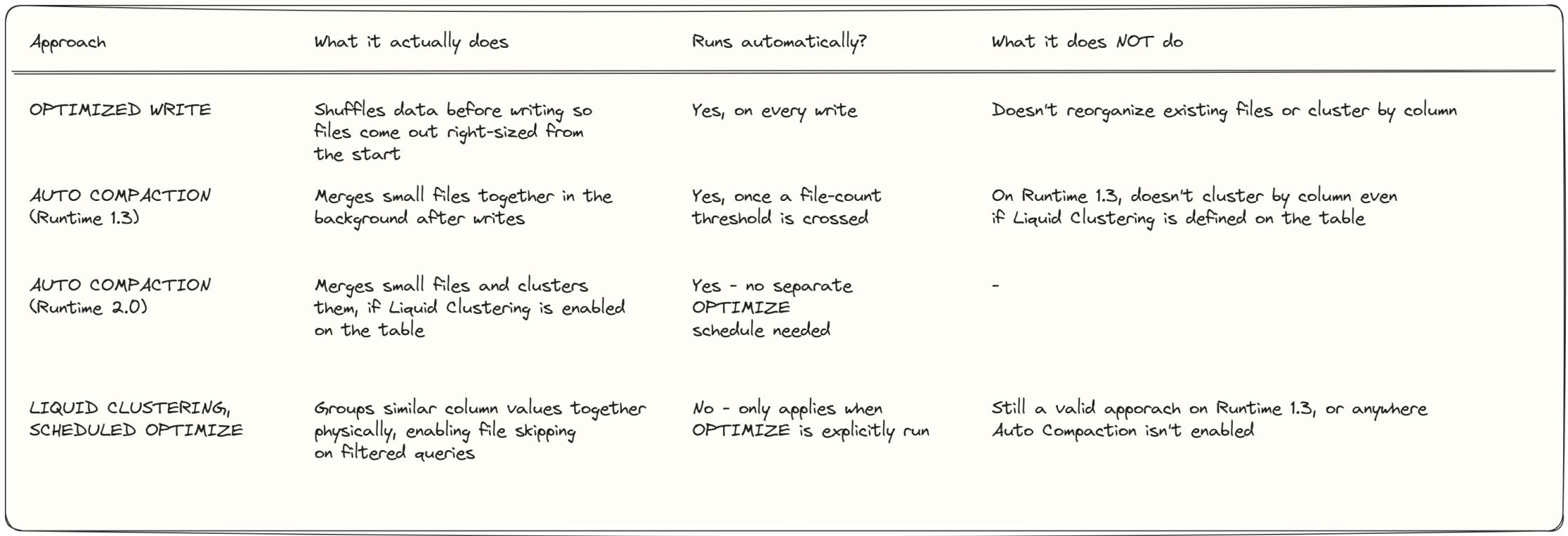 Table comparing Optimized Write, Auto Compaction on Runtime 1.3, Auto Compaction on Runtime 2.0, and Liquid Clustering with scheduled OPTIMIZE